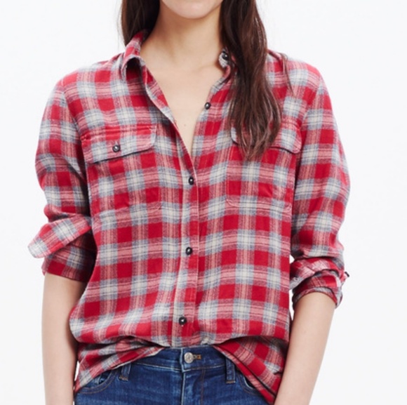Madewell Tops - 🌈 Madewell Red Gray Ex-Boyfriend Plaid Shirt